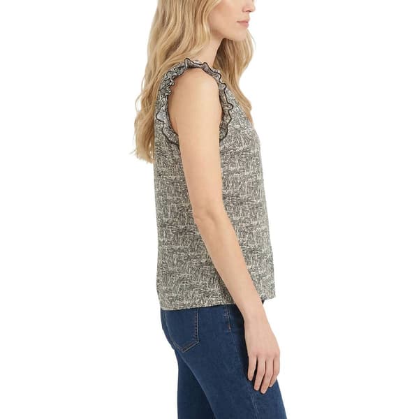 Petite NY Collection Ruffle Cap Sleeve Abstract Olive Blouse