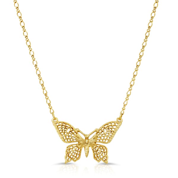 1928 Gold Tone Filigree Butterfly Pendant Necklace - image 