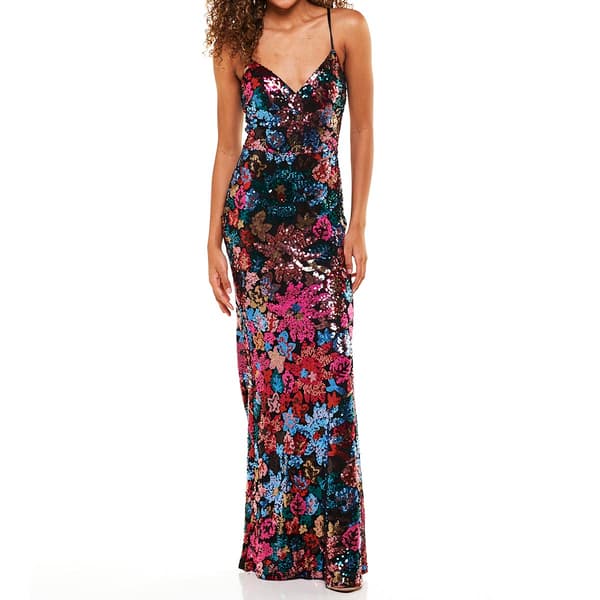 Juniors Crystal Doll Flower Pattern Sequin Slim Dress