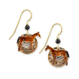 Silver Forest Two-Tone Brown Horse & Onyx Bead Earrings