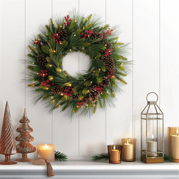 Puleo International Pre-Lit Christmas Wreath with Pinecones