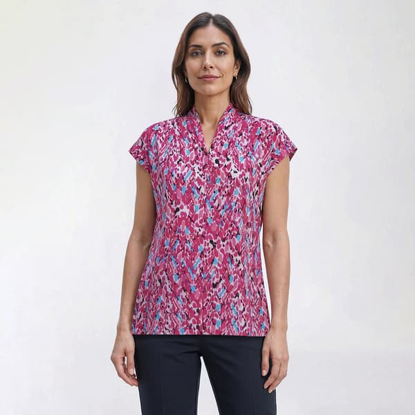 Plus Size Kasper Cap Sleeve Pleat Neck Watercolor Dot Blouse - image 
