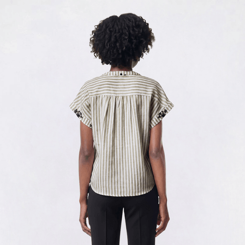 Womens Como Black Dolman Sleeve Linen Stripe Leaf Blouse