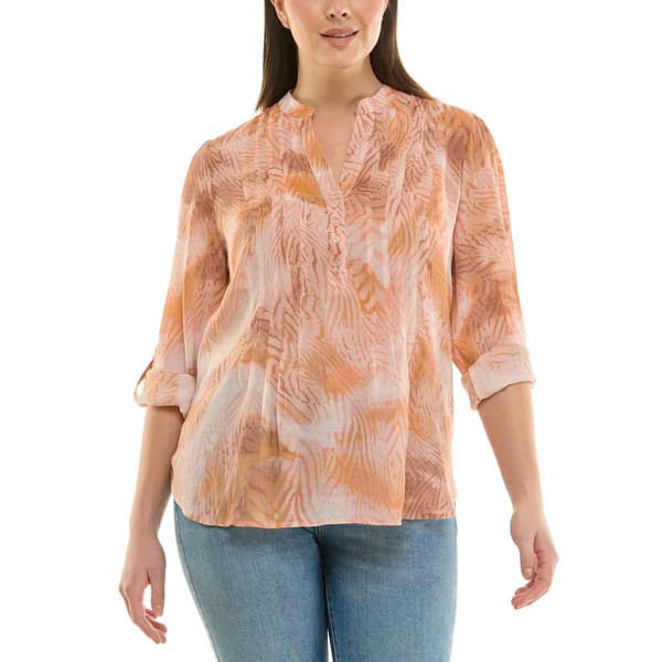 Womens Zac & Rachel 3/4 Roll Tab Sleeve Pleated Abstract Blouse - image 