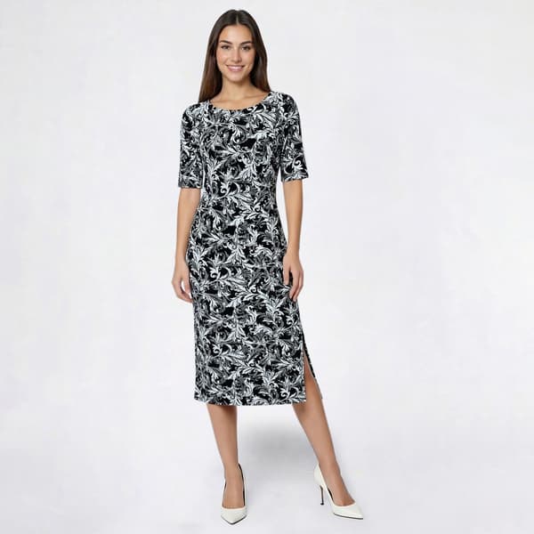 Petite Connected Apparel Elbow Sleeve Leaf Side Slit Sheath Dress
