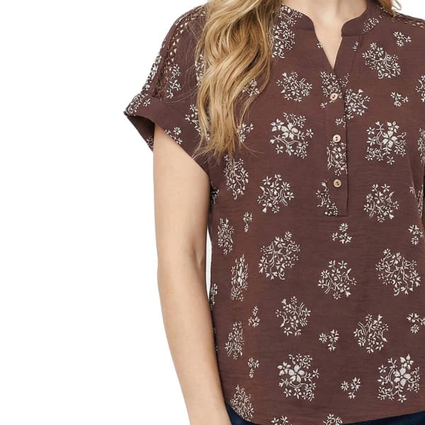 Petite NY Collection Short Sleeve 1/4 Button Floral Blouse