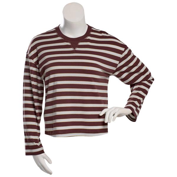 Juniors Pink Rose Long Sleeve Oversized Striped V-Notch Top-BrwnW - image 