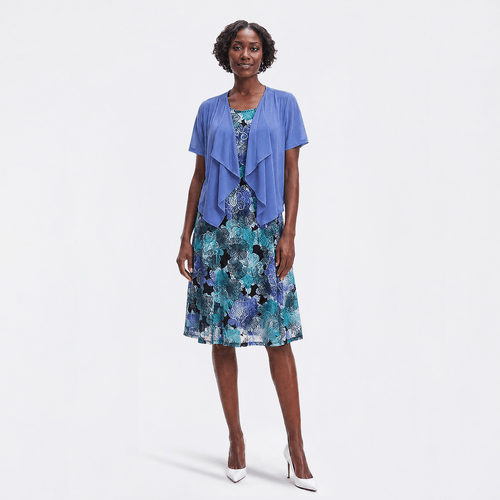 Womens Perceptions Short Sleeve Floral Lace Drape Jacket Dress - image 