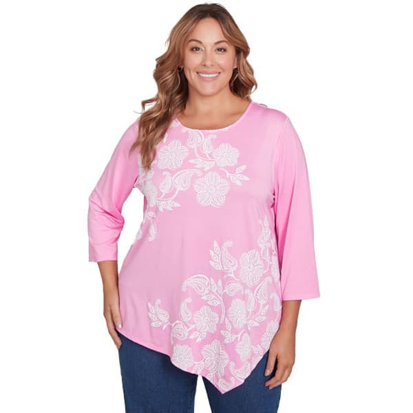 Plus Size Ruby Rd. Spring Oasis Knit Floral Asymmetrical Blouse - image 