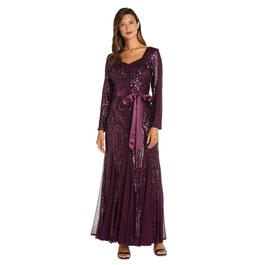 Womens R&M Richards Long-Sleeved Sequined Evening Gown