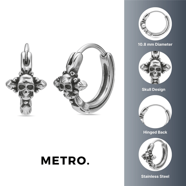 Mens Lynx Ion Plated Stainless Steel Skull Hoop Earrings