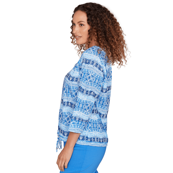 Petite Hearts of Palm Embraceable Blue Geometric Keyhole Blouse