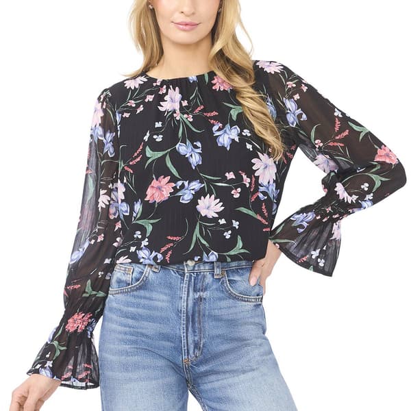 Womens Cece Long Sleeve Smocked Cuff Crew Neck Floral Blouse