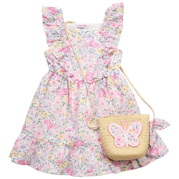 Girls (4-6x) Little Lass(R) Butterfly Floral Clip Dot Dress w/ Bag