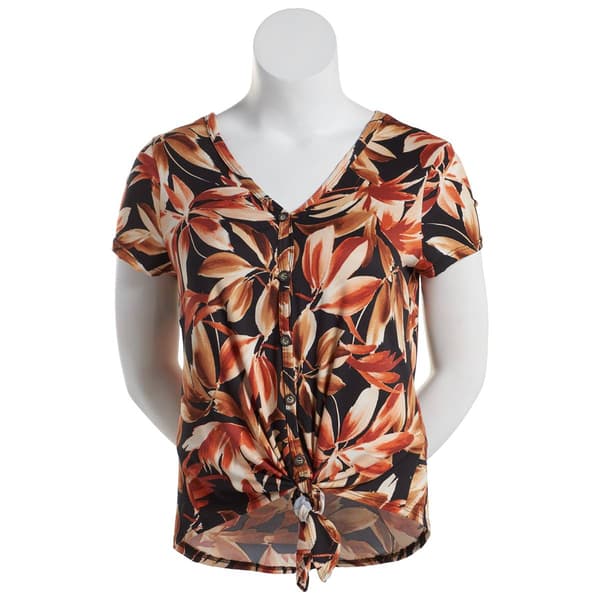 Womens C''est La Vie Short Sleeve Leaf Button/Tie Front Blouse - image 