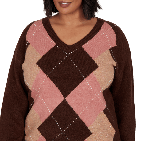 Plus Size Hearts of Palm Berry Fabulous V Neck Argyle Sweater