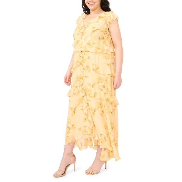 Plus Size MSK Floral Chiffon Cascade Ruffle Hi Low Dress