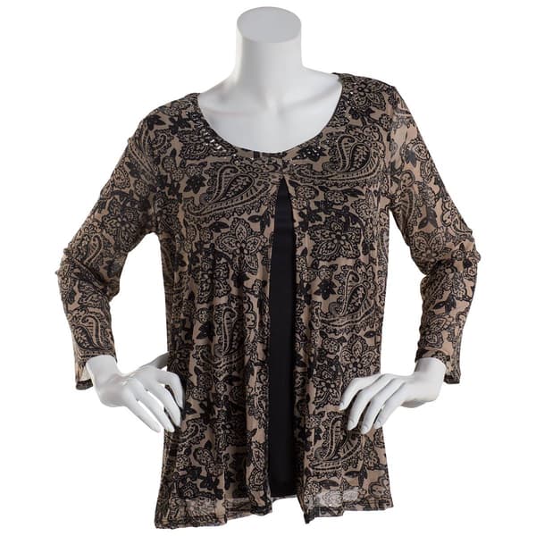 Womens Notations  Sleeve Print Mesh 2Fer Blouse
