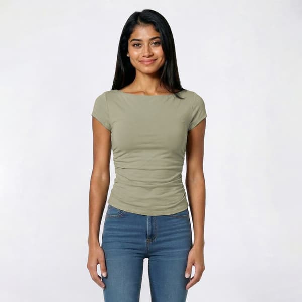 Juniors Pink Rose Boat Neck Side Ruched Double Layer Tee