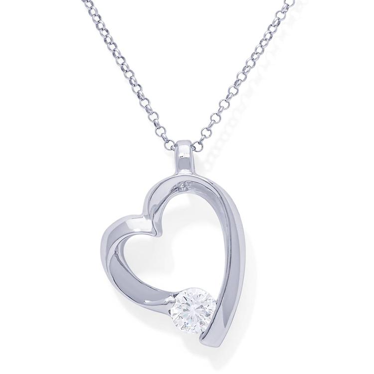 Sterling Silver CZ Side Heart Pendant Necklace