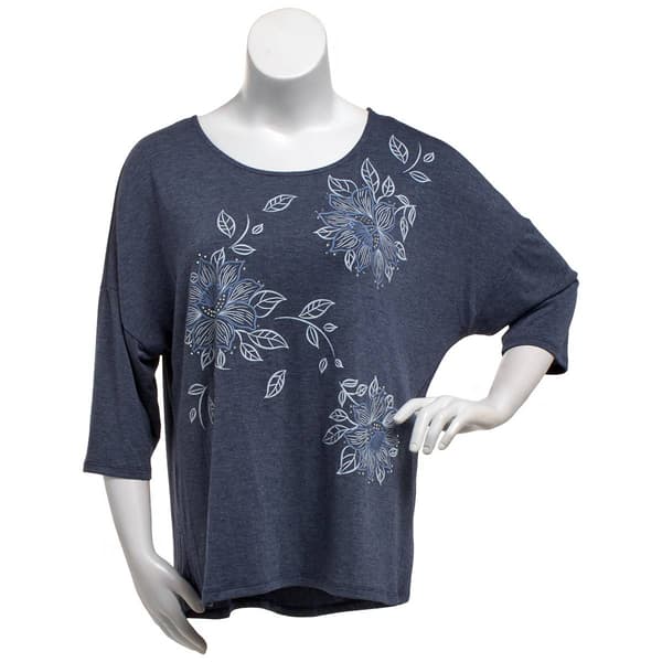 Plus Size Tru Self 3/4 Dolman Sleeve Floral Hacci Blouse