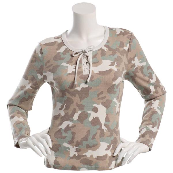 Juniors Pink Rose Long Sleeve Rib Lace Up Tie Top -Camo