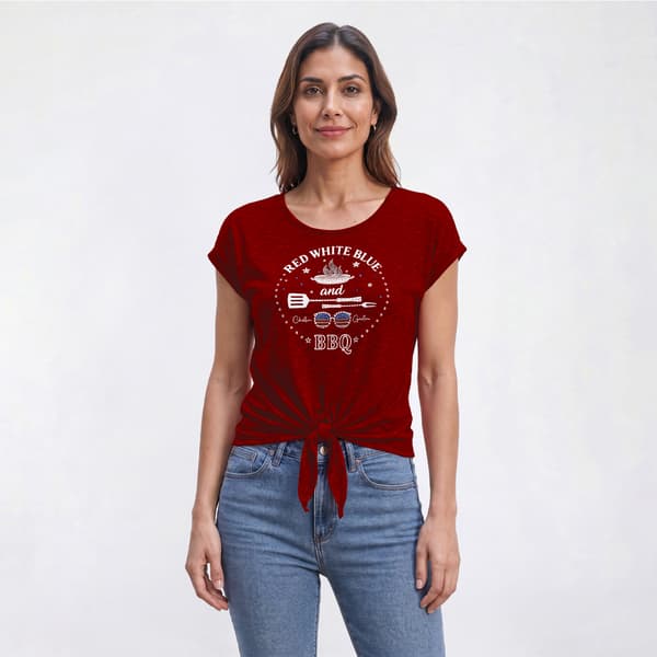 Womens Tru Self Short Sleeve Dolman Tie Front BBQ Graphic Tee - image 