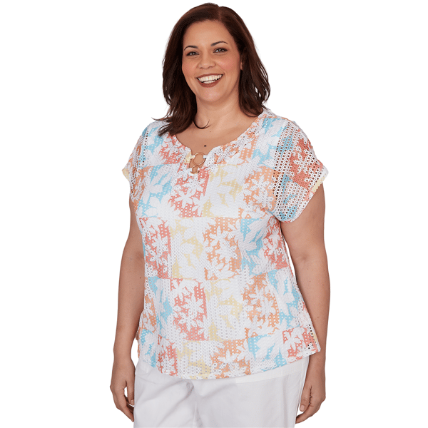 Plus Size Hearts of Palm Fun in the Sun Cap Sleeve Eyelet Blouse