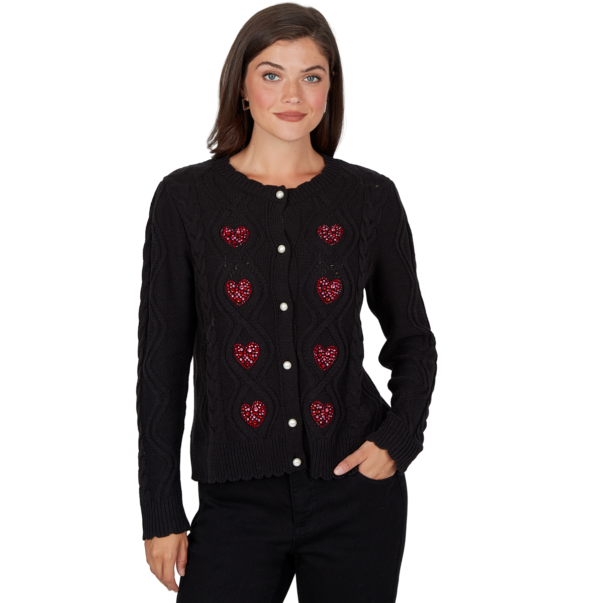 Womens Ruby Rd. Mysterious Romance Rhinestone Heart Cardigan