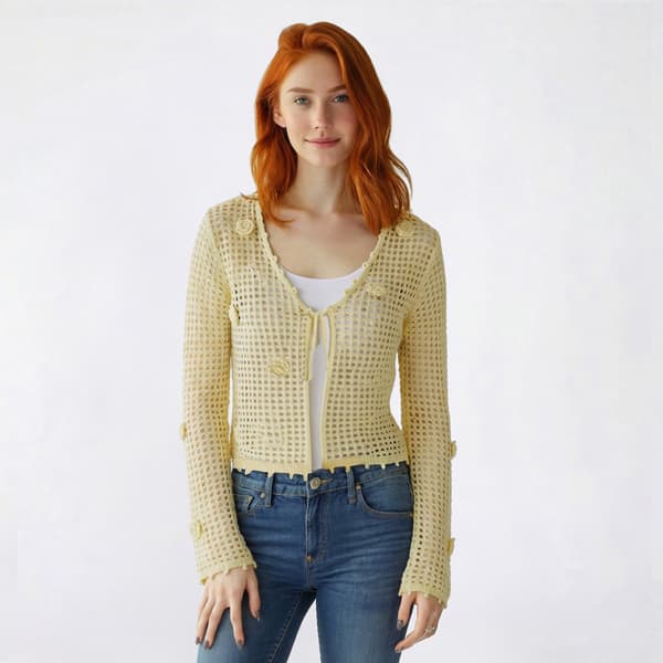 Juniors No Comment Long Sleeve Crochet Mesh Tie Front Cardigan - image 