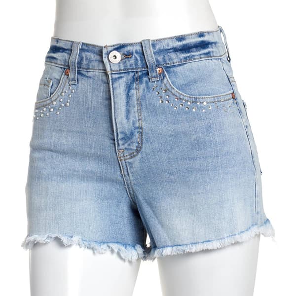 Juniors Wallflower Rhinestone Embellished Denim Short Shorts - image 