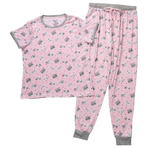 Juniors Pillow Talk Short Sleeve Cat Faces Jogger Pajama Set Boscov's