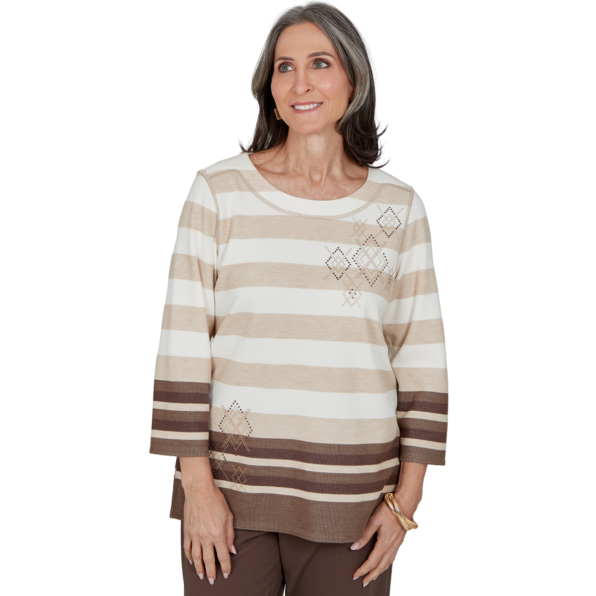 Petite Alfred Dunner Luxe Be A Lady 3/4 Sleeve Stripe Blouse