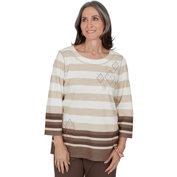 Petite Alfred Dunner Luxe Be A Lady 3/4 Sleeve Stripe Blouse