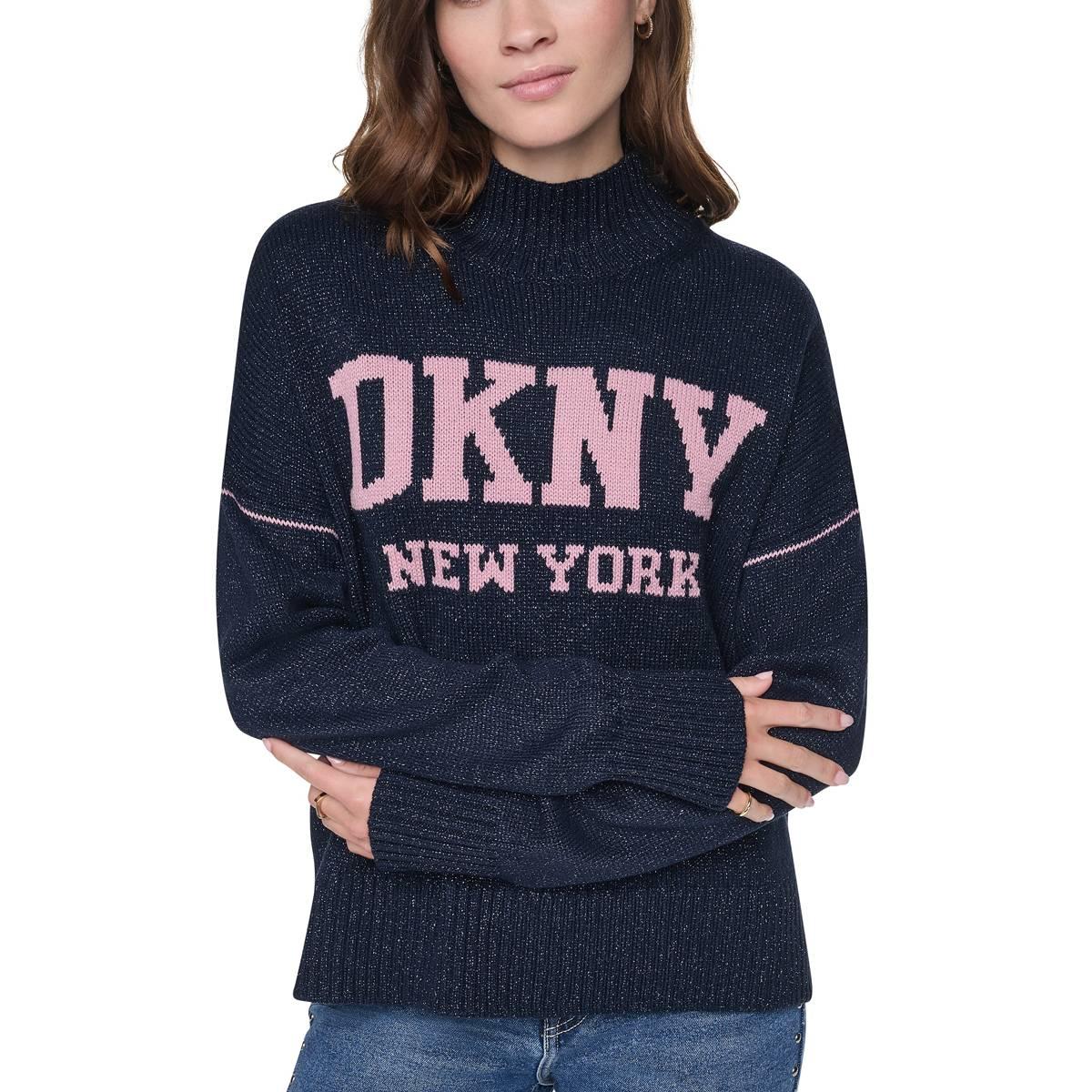 Womens DKNY Jeans All Over Lurex Intarsia Logo Turtleneck High L