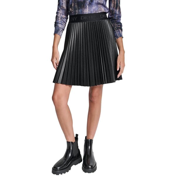 Womens DKNY Pull On Pleated Faux Leather Skirt