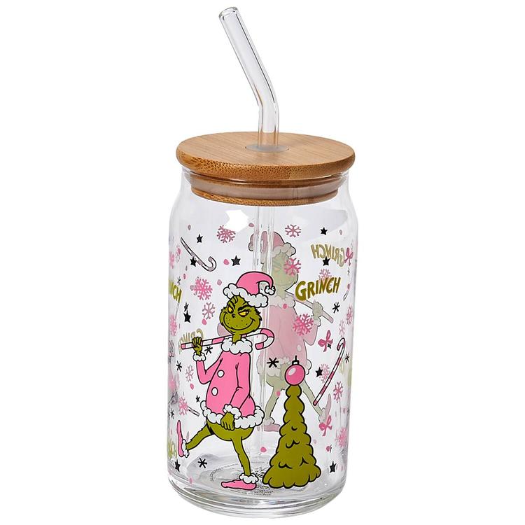 R Squared Grinch Glass Sipper with Straw - Pink