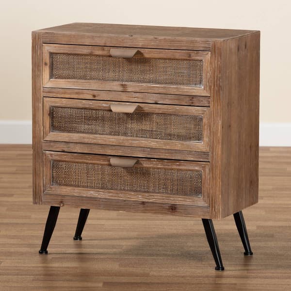 Baxton Studio Calida Finish Wood/Rattan 3-Drawer Nightstand