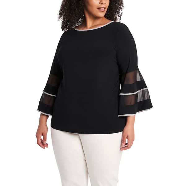 Plus Size MSK 3/4  Bell Illusion Sleeve Rhinestone Blouse