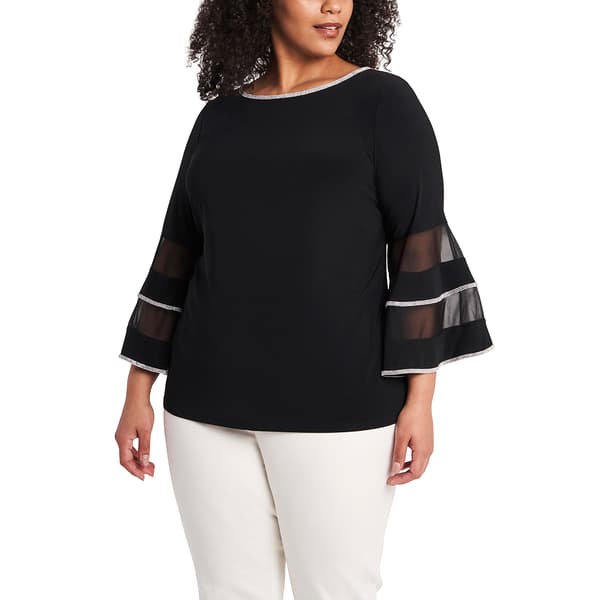 Plus Size MSK 3/4  Bell Illusion Sleeve Rhinestone Blouse - image 