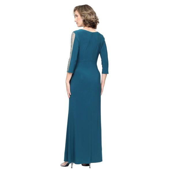 Petite SLNY 3/4 Beaded Sleeve Surplice Neck Evening Gown