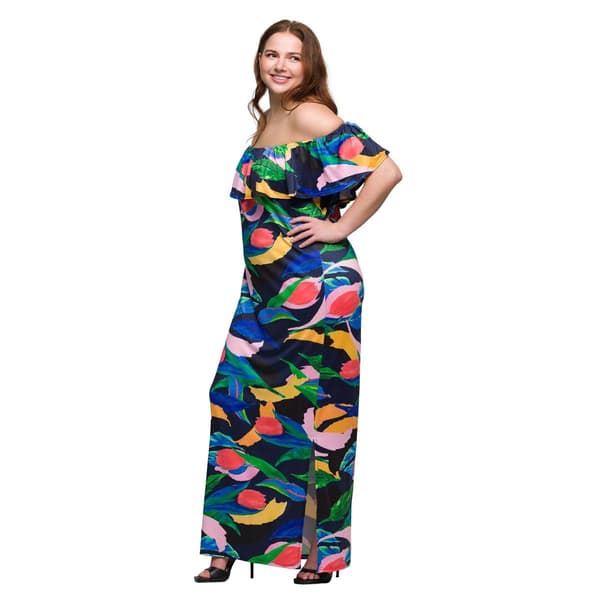 Plus Size 24/7 Comfort Apparel Off Shoulder Multicolor Maxi Dress