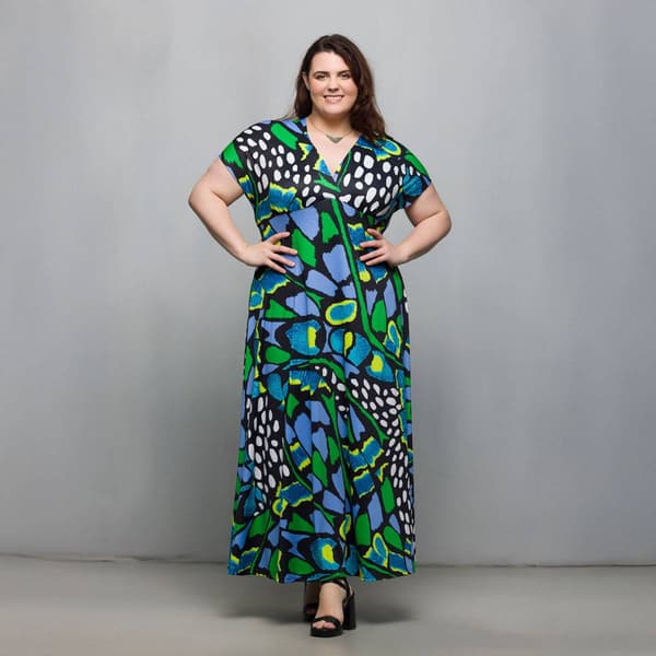 Plus Size 24/7 Comfort Apparel Blue Butterfly Empire Waist Dress