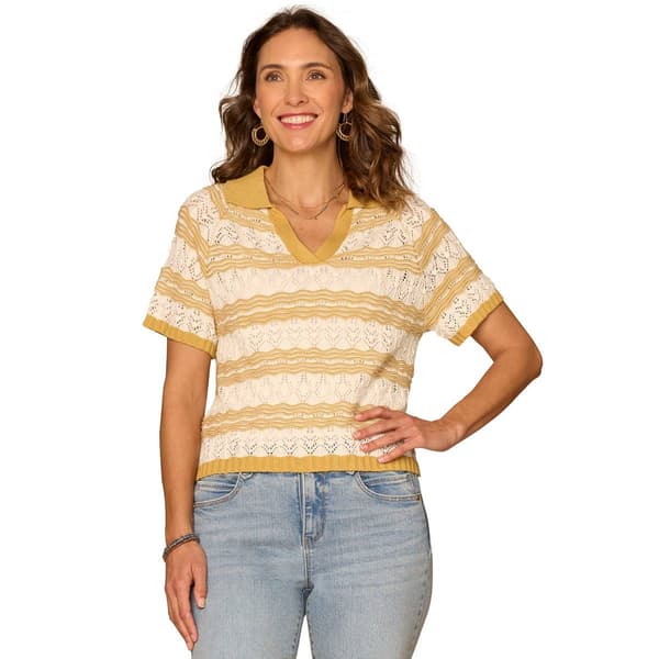 Petite Democracy S/S Novelty Stitch Stripe Cllr Plckt Swt - image 