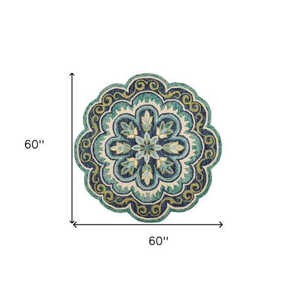 HomeRoots Green Wool Floral Hand Tufted Round Area Rug