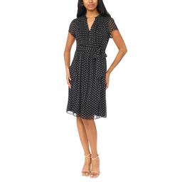Womens MSK Short Sleeve Dot Chiffon Pintuck A-Line Dress
