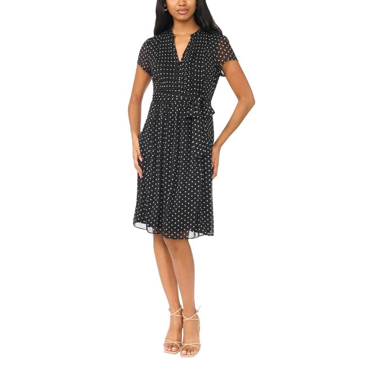 Womens MSK Short Sleeve Dot Chiffon Pintuck A-Line Dress