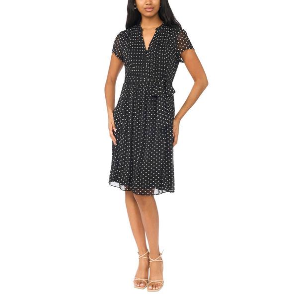 Womens MSK Short Sleeve Dot Chiffon Pintuck A-Line Dress