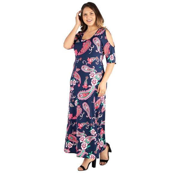 Plus Size 24/7 Comfort Apparel Paisley Cold Shoulder Maxi Dress