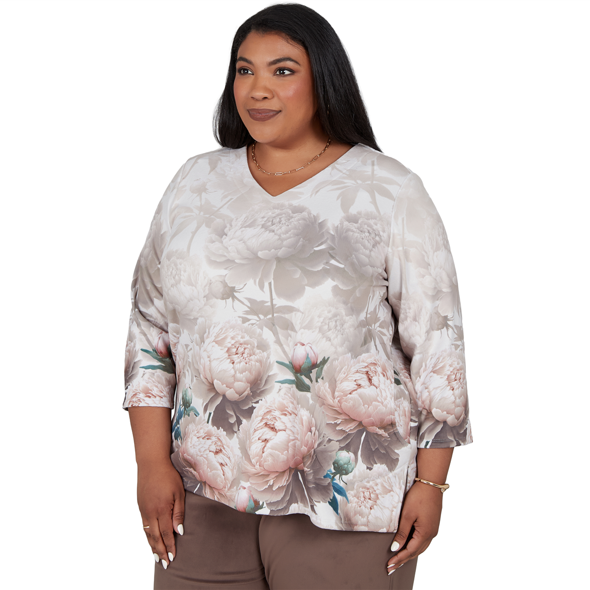Plus Size Alfred Dunner Luxe Be A Lady V-Neck Peony Blouse